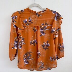 Monteau Ruffle Shoulder Floral Peasant Blouse Three Quarter Cuff Sleeve Orange